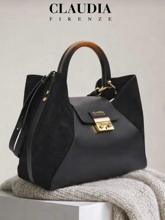 Claudia Firenze Handbags - Claudia Firenze - Isadora Black Chamois Women Handbag - Genuine Leather & Suede
